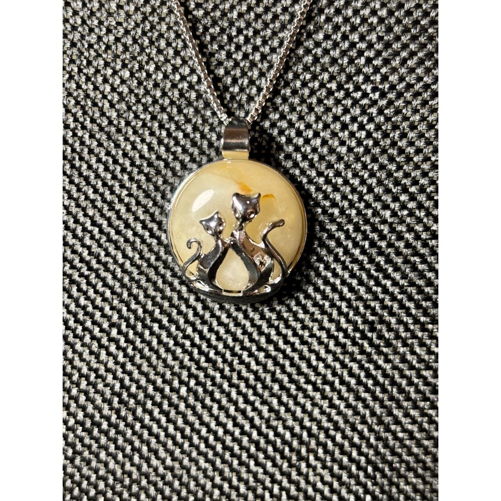 Stainless Steel Double Cat Pendant Necklace Silver Tone Box Chain 24 Inch